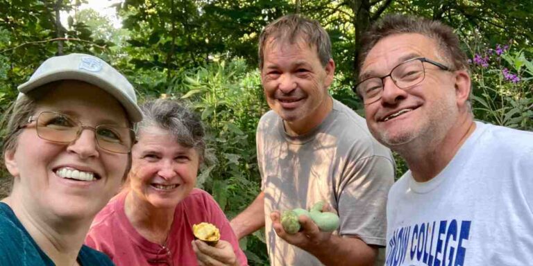 Sharing pawpaw fruit from Spirit Tree Farms with Hissing Possum Farm friends