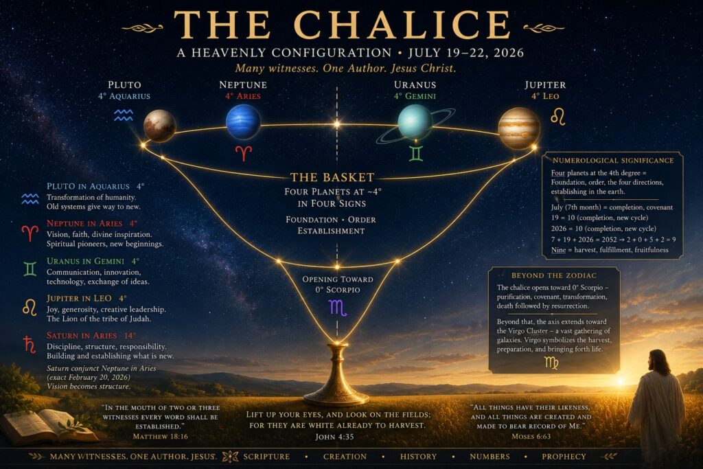 A symbolic exploration of the remarkable July 2026 planetary configuration through the lenses of scripture, astronomy, astrology, numerology, and the teachings of Jesus Christ.